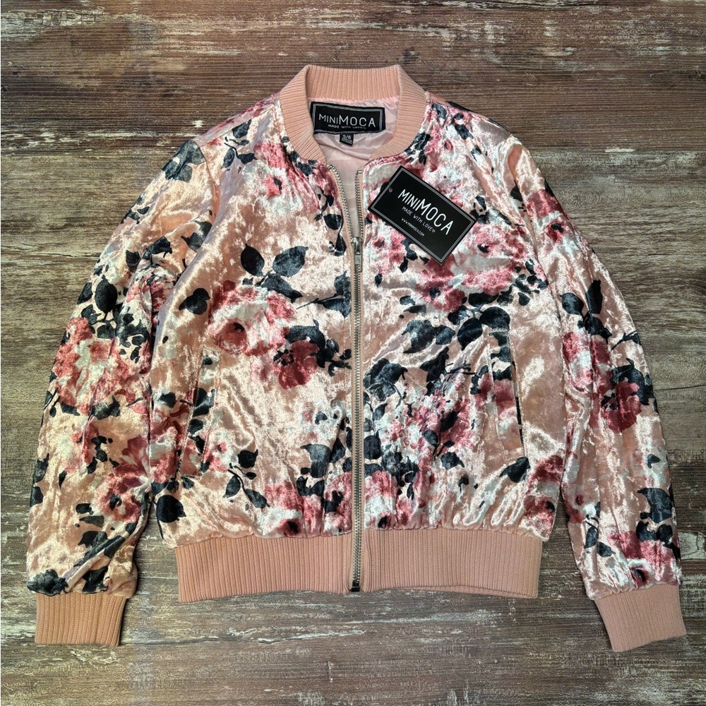Mini Moca | NWT Crushed Velour Floral Zip Bomber Jacket, Size 5/6